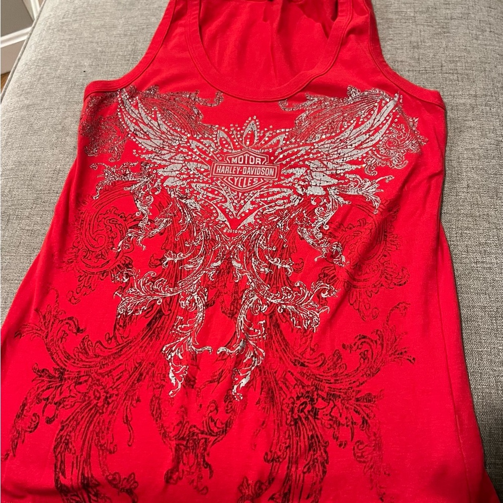 Harley-Davidson Women's Red and Silver Graphic Tank Top